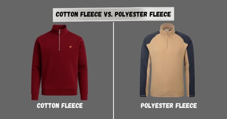 Side-by-side comparison of a cotton fleece sweater and a polyester fleece jacket with text “is fleece cotton?”.