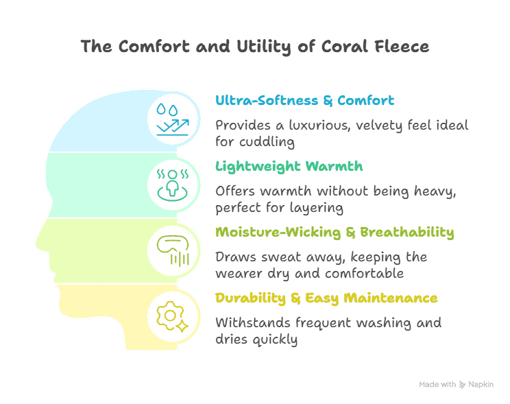 Infographic on coral fleece benefits: soft, warm, breathable, and durable.
