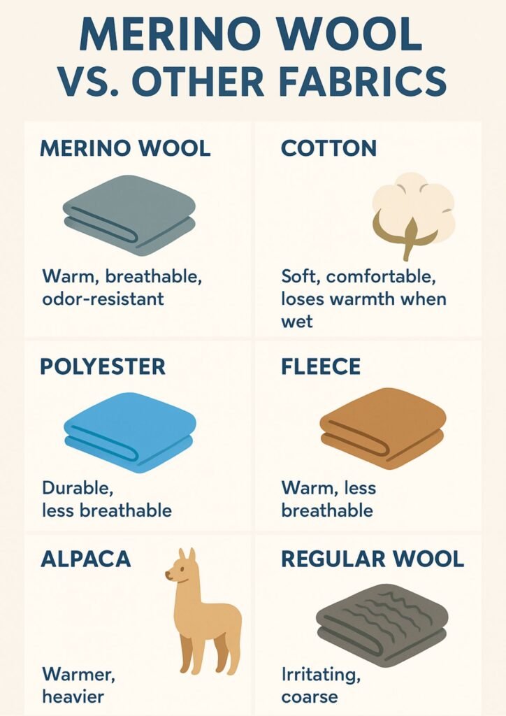Infographic comparing Merino wool with cotton, polyester, fleece, alpaca, and regular wool.
