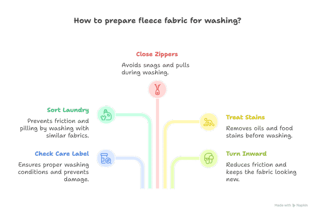 Infographic showing steps to prepare fleece fabric before washing, including zippers, stains, sorting, and care label.