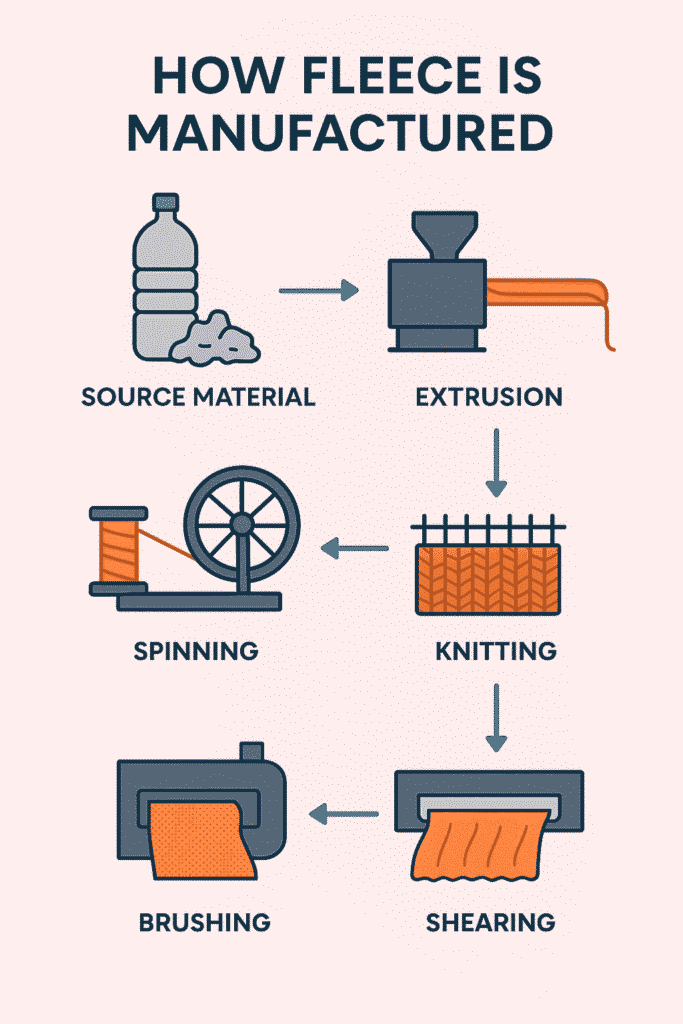 Step-by-step illustration of fleece manufacturing process from source material to finished fabric.