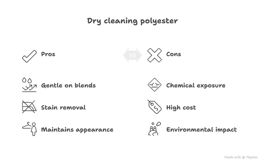 Infographic showing pros and cons of dry cleaning polyester.