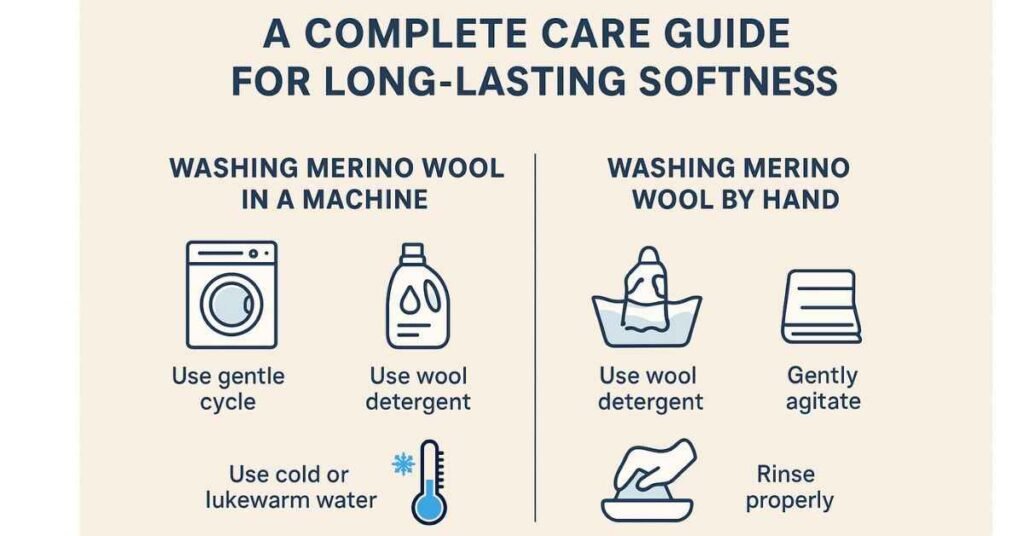 Infographic showing step-by-step care guide for washing Merino wool by machine or hand.