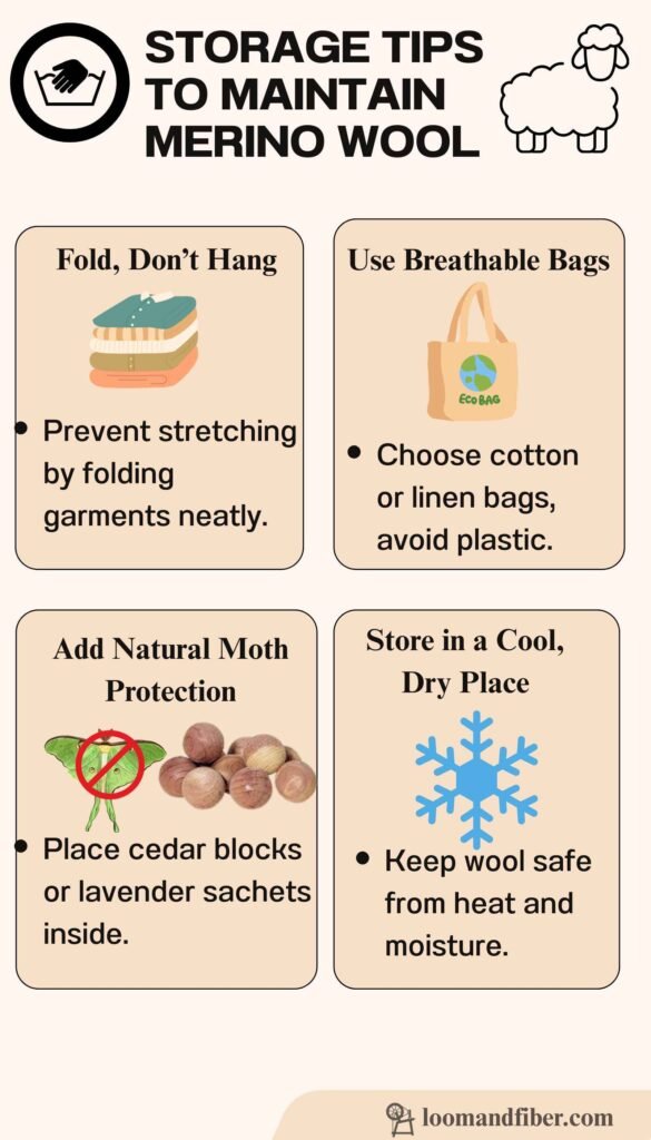 Infographic with tips to store Merino wool, including folding, using breathable bags, moth protection, and cool dry storage.