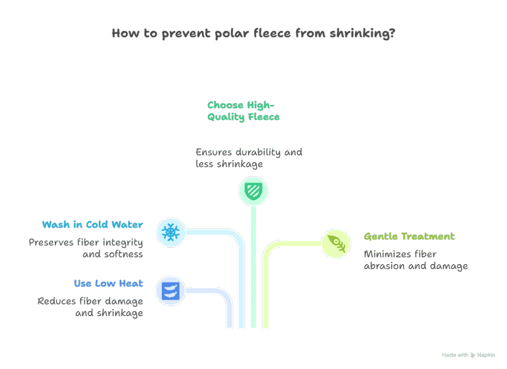 Infographic on tips to prevent polar fleece from shrinking with washing and care instructions.