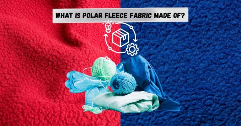 Polar fleece fabric background with yarn, plastic bottle, and textiles.