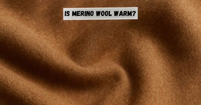 Close-up of soft brown Merino wool fabric with text 