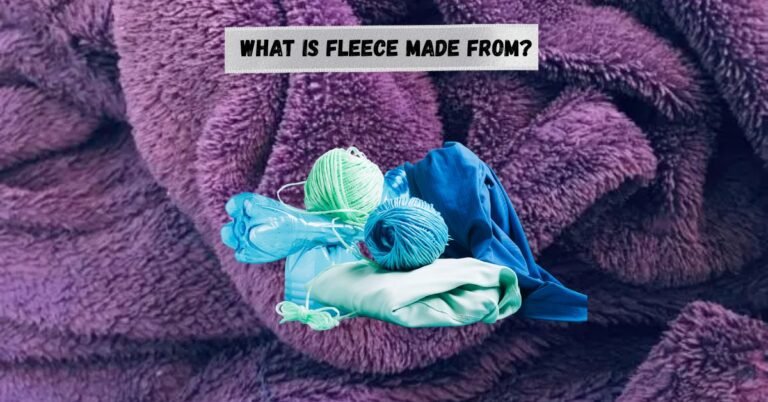 Illustration showing fleece made from plastic bottles, yarn, and textiles on a fuzzy purple fabric background.