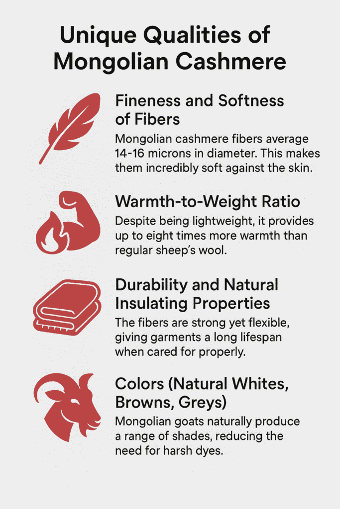 Infographic showing unique qualities of Mongolian cashmere including softness, warmth, durability, and natural colors.