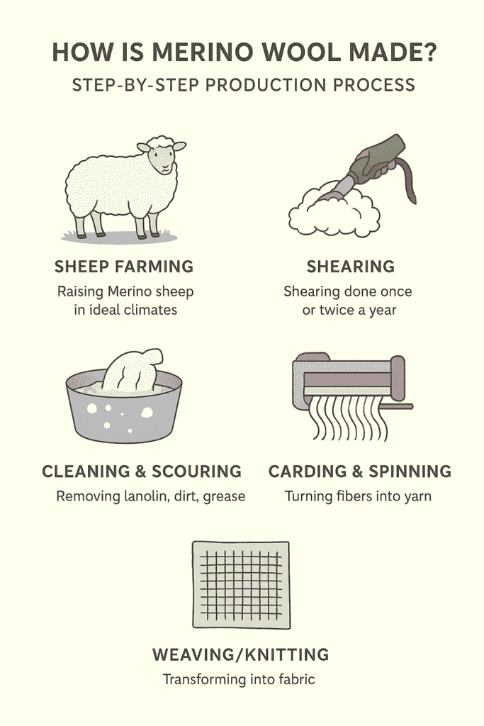 Infographic showing the step-by-step process of how Merino wool is made.
