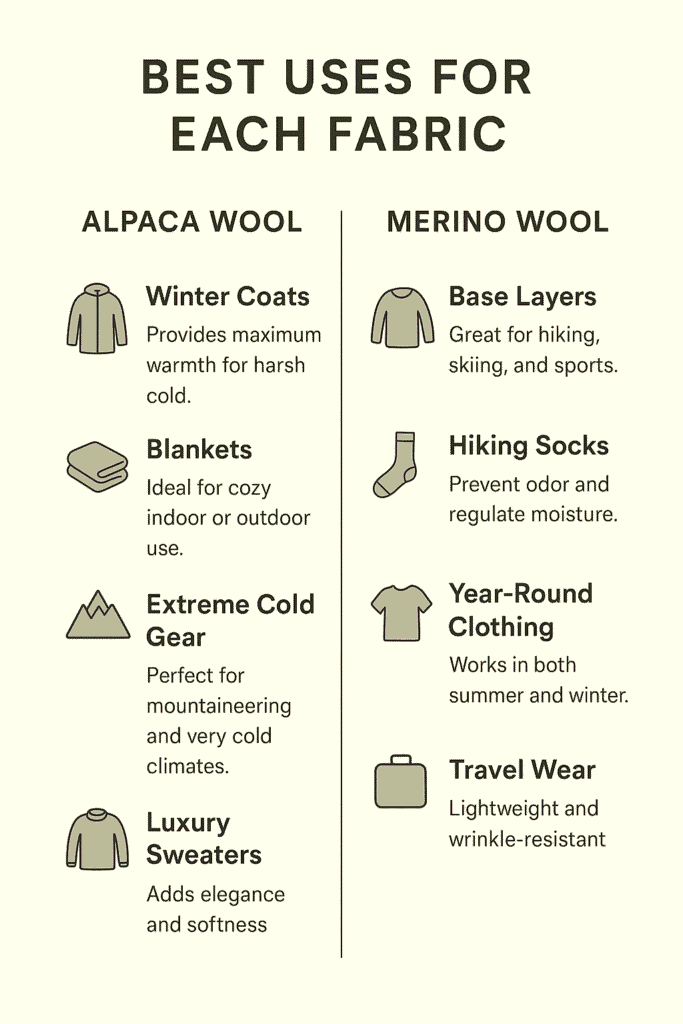 Infographic comparing best uses for alpaca wool and merino wool, including coats, blankets, extreme cold gear, sweaters, base layers, socks, year-round clothing, and travel wear.