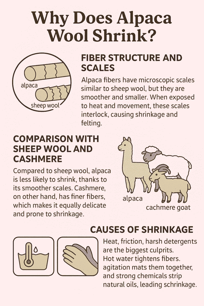 Infographic explaining why alpaca wool shrinks, showing fiber structure, comparisons, and causes.