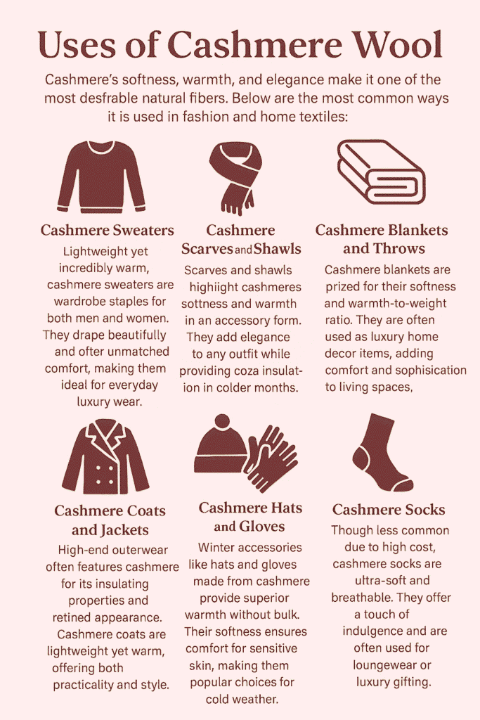 Infographic showing the different uses of cashmere wool in fashion and home textiles.
