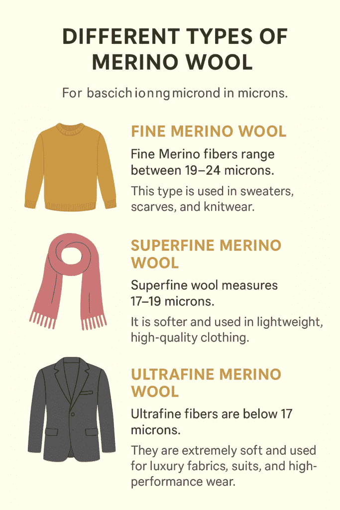 Infographic explaining different types of Merino wool and their fiber thickness.