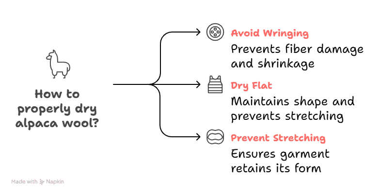 Infographic showing how to properly dry alpaca wool with tips.