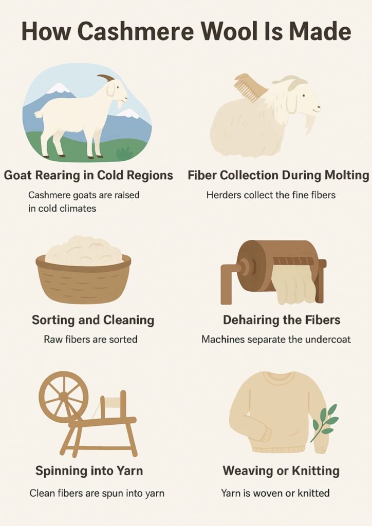 Infographic showing step-by-step process of how cashmere wool is made.