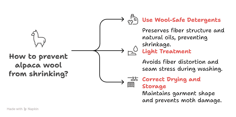 Infographic showing tips to prevent alpaca wool from shrinking with icons.