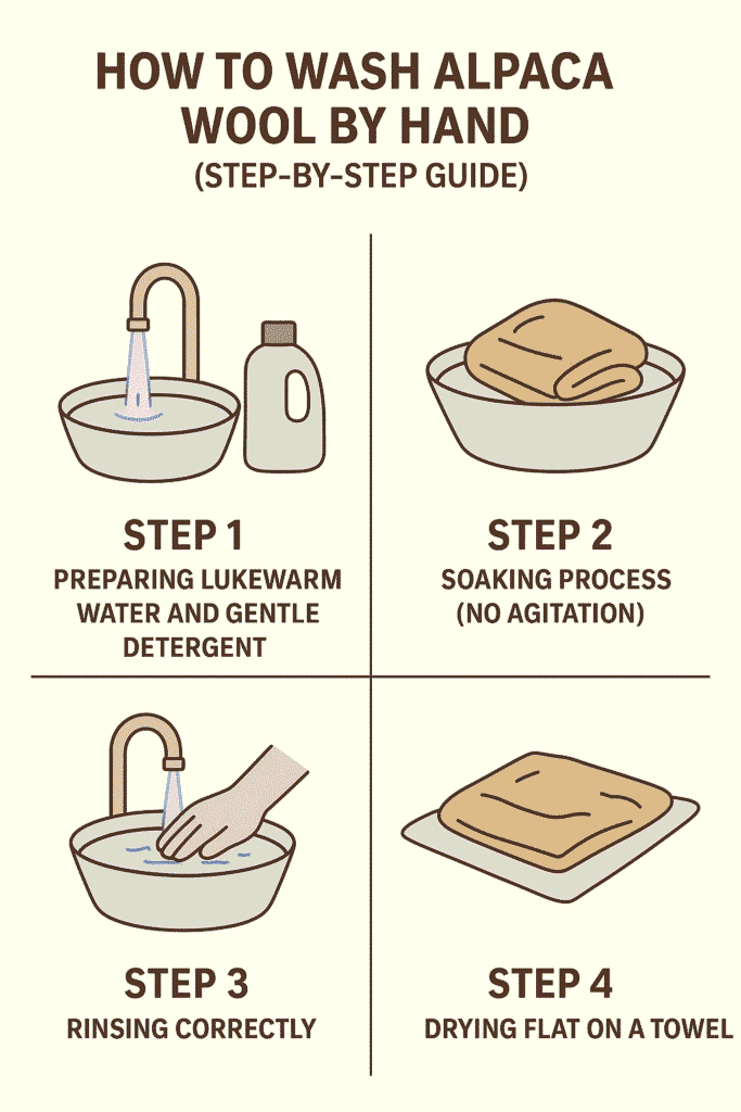 Step-by-step guide to hand washing alpaca wool with simple illustrations.