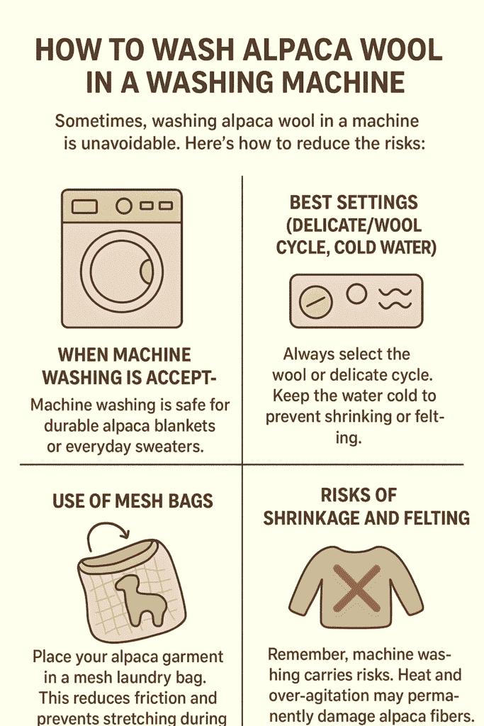Illustrated guide to machine washing alpaca wool safely.