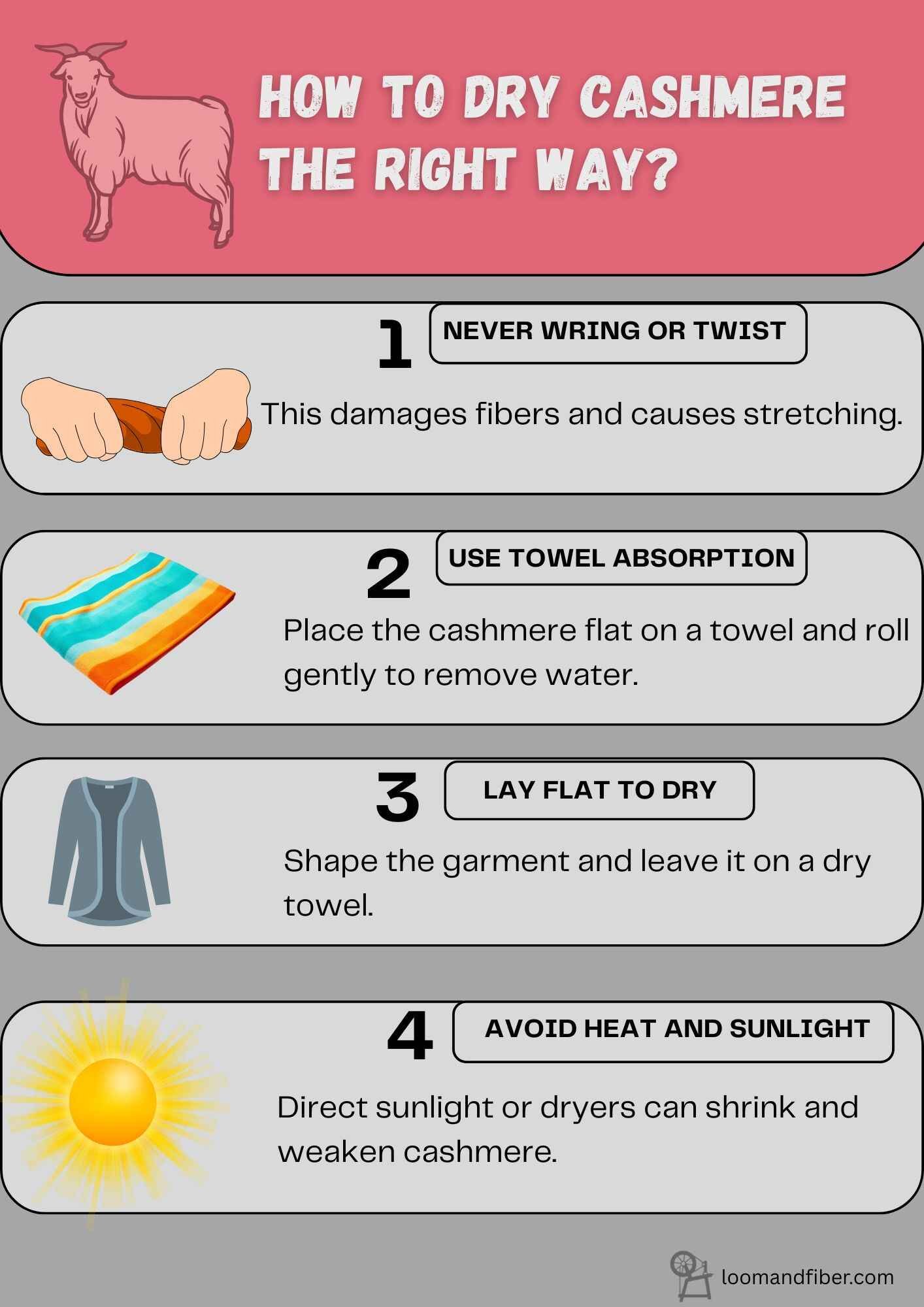 Guide on how to dry cashmere properly without damaging the fibers.