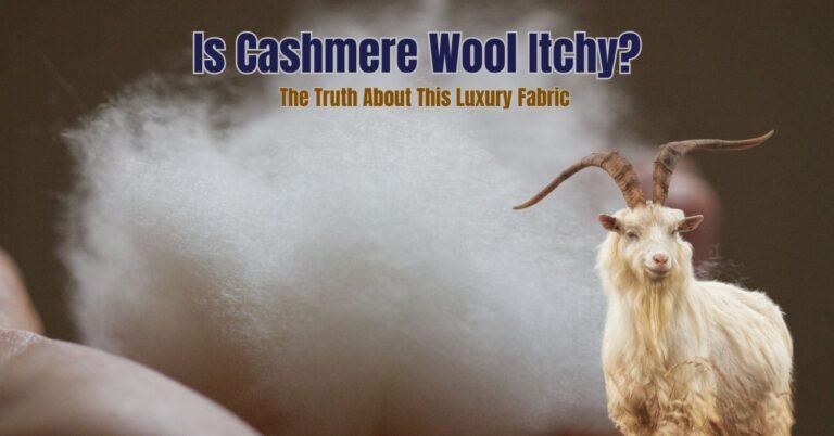 Soft cashmere fiber with a cashmere goat and title "Is Cashmere Wool Itchy?"