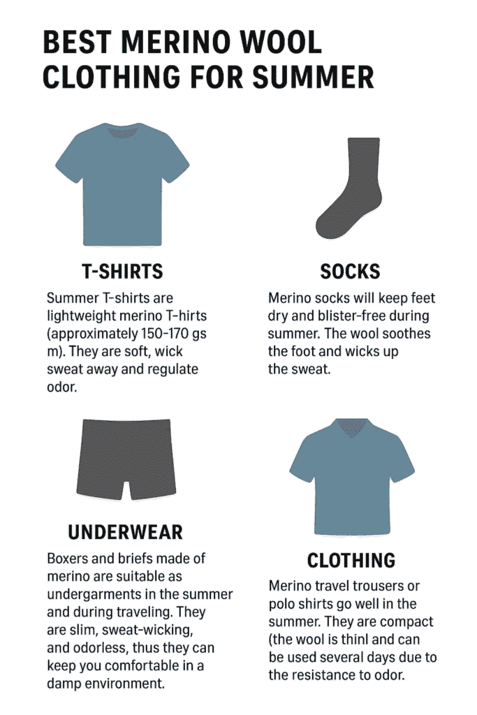 Infographic showing the best Merino wool clothing for summer, including T-shirts, socks, underwear, and clothing like trousers and polo shirts.