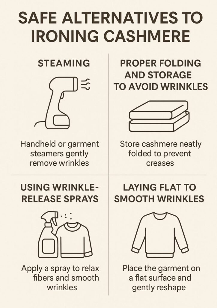 Safe alternatives to ironing cashmere: steaming, proper folding, wrinkle-release sprays, and laying flat.