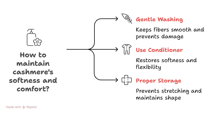 Tips to maintain cashmere’s softness and comfort with gentle washing, conditioner, and proper storage.