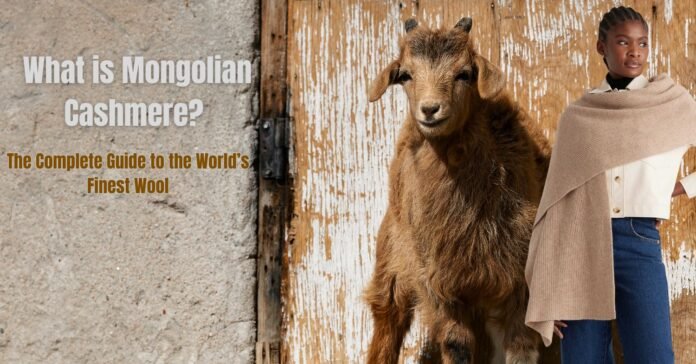 Mongolian cashmere goat and woman wearing a beige cashmere shawl.