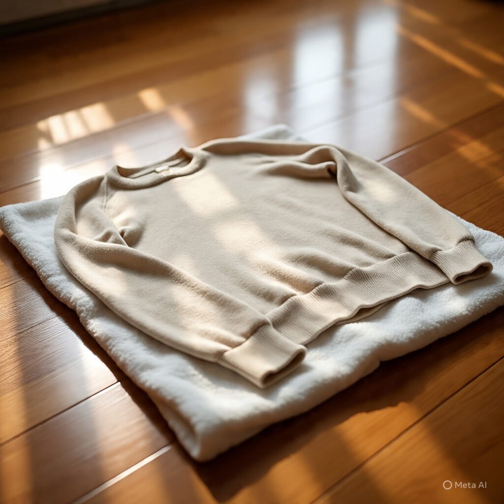 Cashmere sweater drying flat on a towel