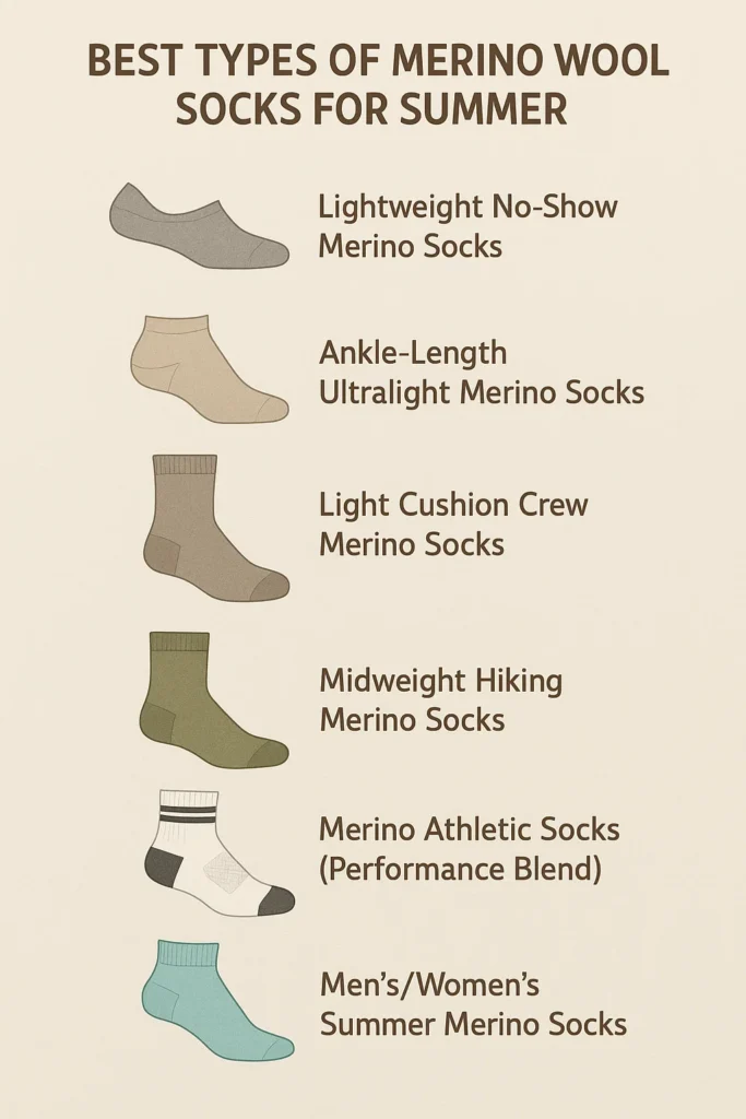 Infographic showing best types of merino wool socks for summer.
