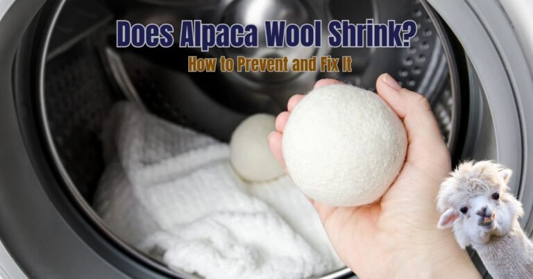 Hand holding alpaca wool dryer ball near washing machine with title overlay.__does alpaca wool shrink