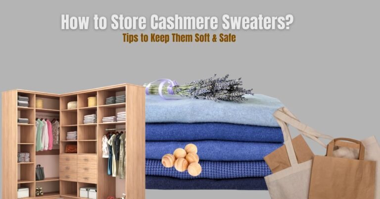 How to store cashmere sweaters - stacked sweaters with lavender and a wooden wardrobe.
