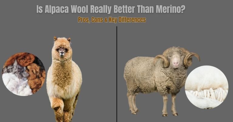 Alpaca and merino sheep comparison with wool samples.