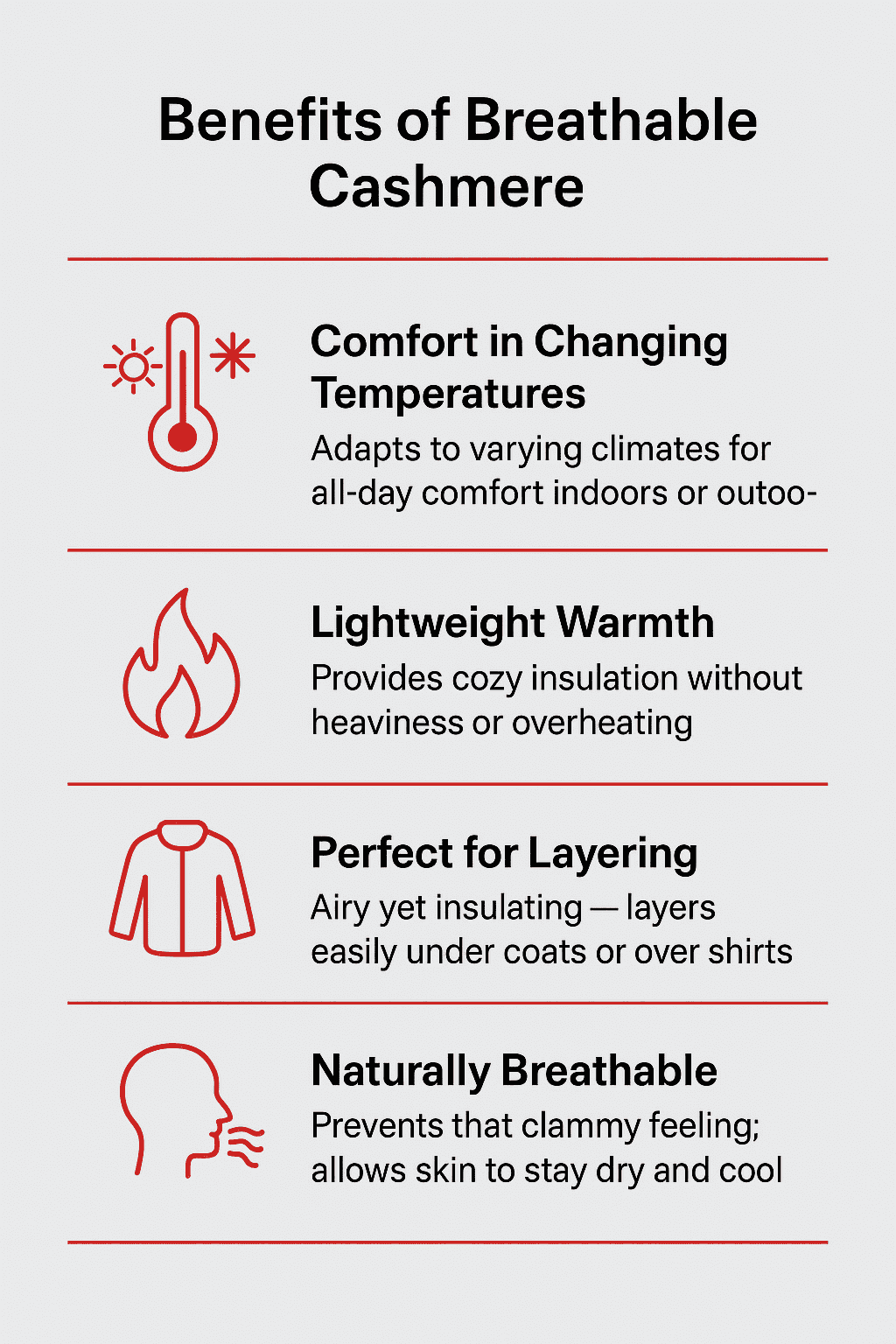 Infographic showing four benefits of breathable cashmere