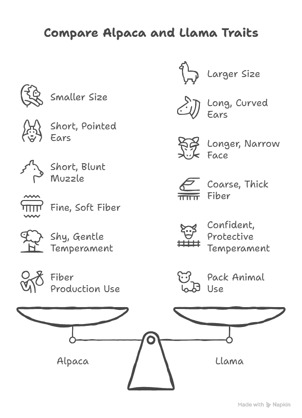 Comparison infographic showing visual and textual differences between alpacas and llamas