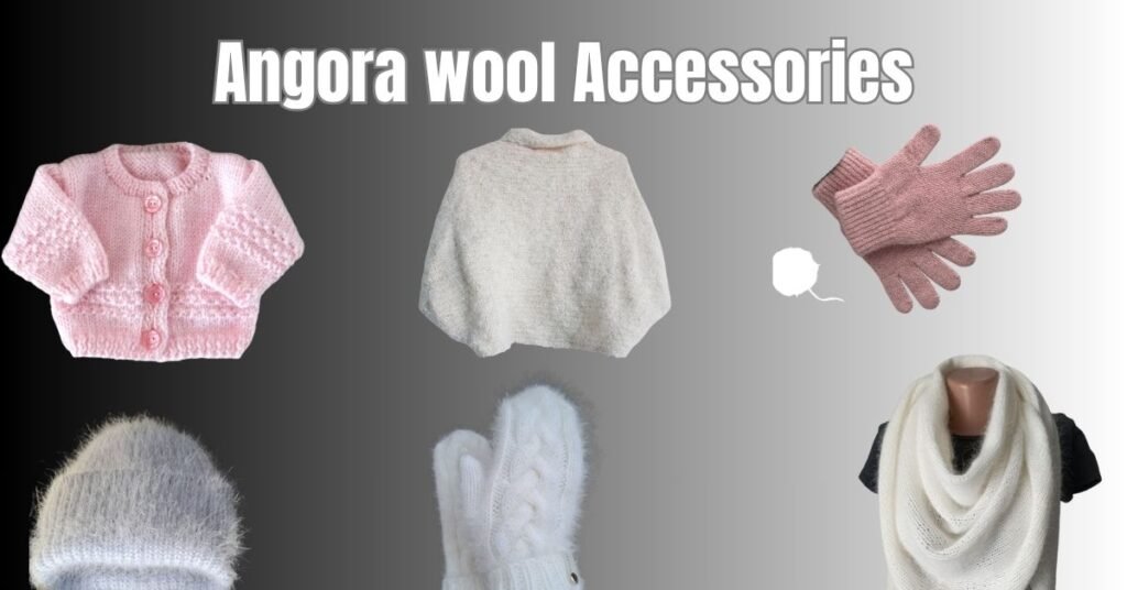 Angora wool accessories: sweater, gloves, hat, and scarf.