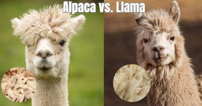 Side-by-side comparison of an alpaca and a llama showing differences in appearance and wool texture.