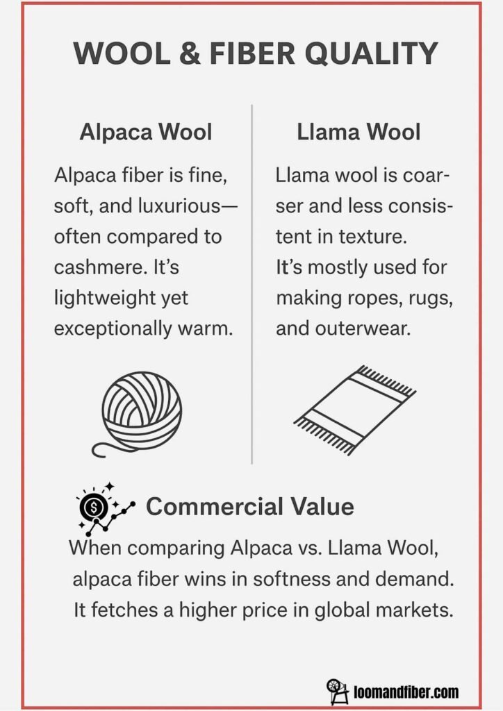 Infographic comparing alpaca wool and llama wool in terms of softness, texture, and commercial value.