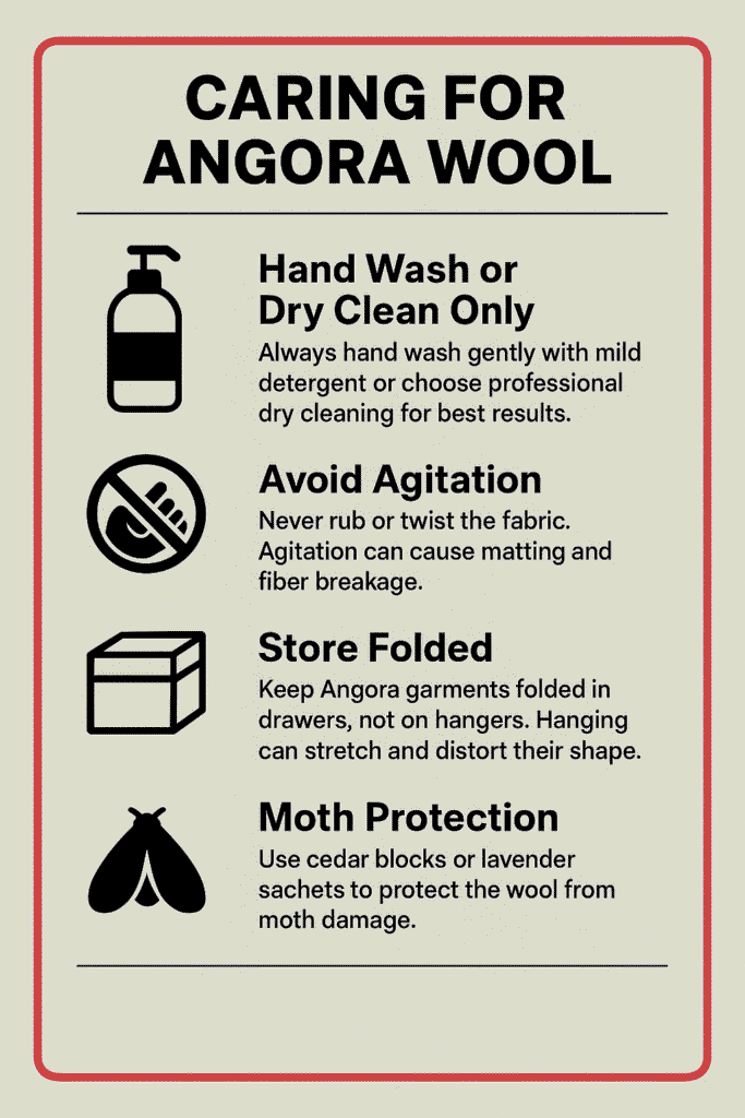 Care instructions for Angora wool: hand wash, avoid agitation, store folded, moth protection.