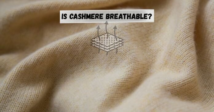Close-up of beige cashmere fabric with text “Is Cashmere Breathable?” and airflow graphic