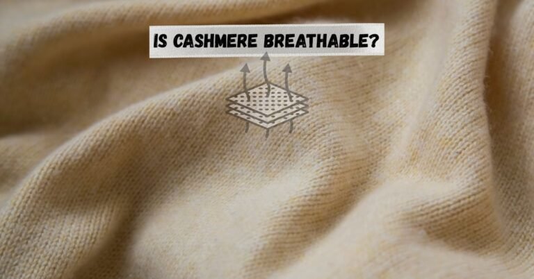 Close-up of beige cashmere fabric with text “Is Cashmere Breathable?” and airflow graphic