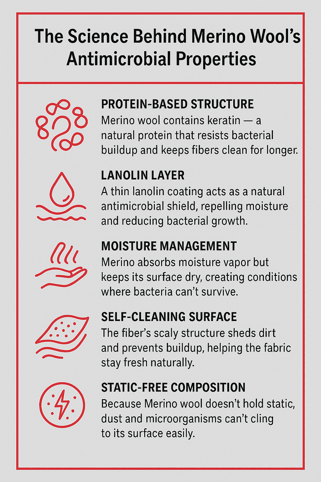 Infographic explaining the science behind Merino wool’s antimicrobial properties