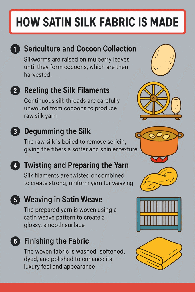 Infographic showing the steps of how satin silk fabric is made.