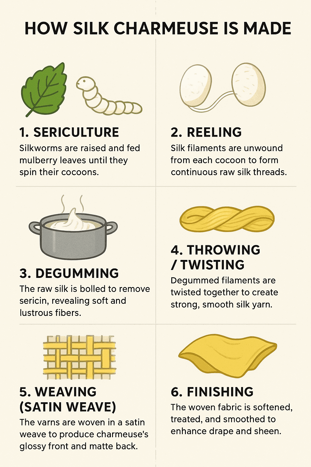 Infographic showing the six steps of how silk charmeuse is made.