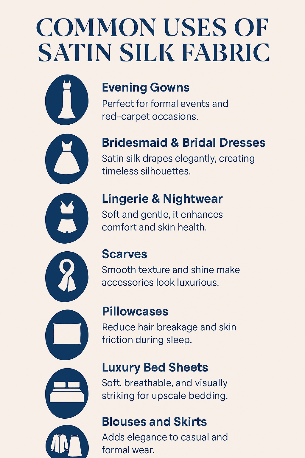 Infographic showing common uses of satin silk fabric in fashion and bedding.