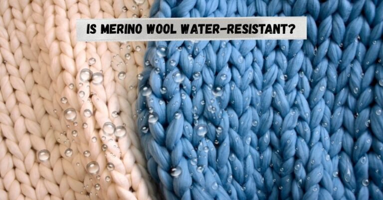 Close-up of beige and blue Merino wool fabric with water droplets showing its natural water resistance — is Merino wool water resistant?