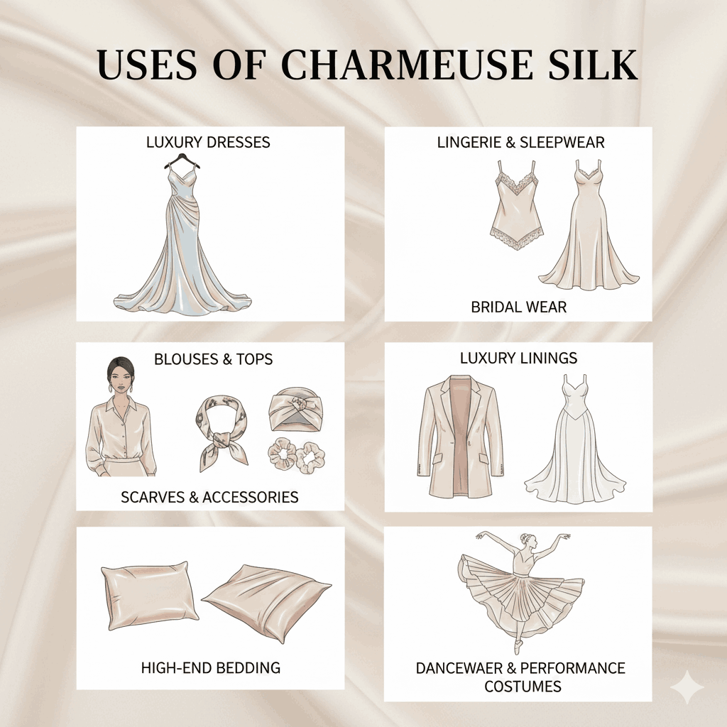 Infographic showing various uses of charmeuse silk
