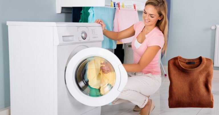 A woman doing laundry with a merino wool sweater, asking, "Is merino wool machine washable?