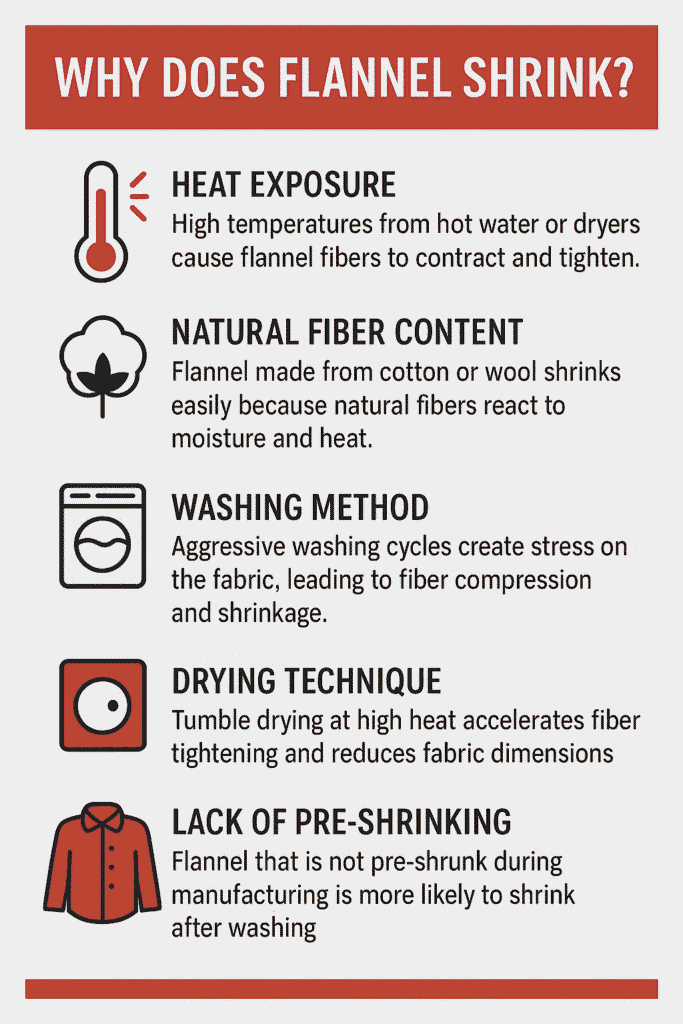 Infographic explaining why flannel fabric shrinks due to heat, washing, drying, and fiber type.